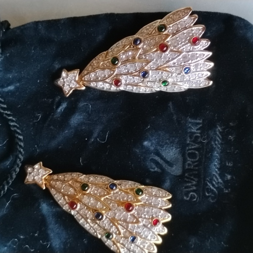 (2) 1998 limited edition Gold Plated Swarovski Christmas Trees Brooch!